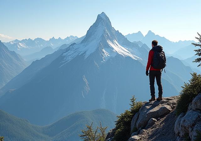 A hiker standing on a mountain peak looking over a vast wilderness.