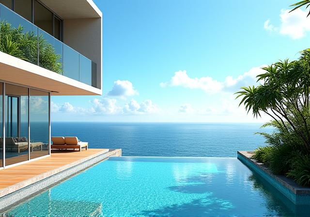 A modern luxury villa with an infinity pool overlooking the ocean.