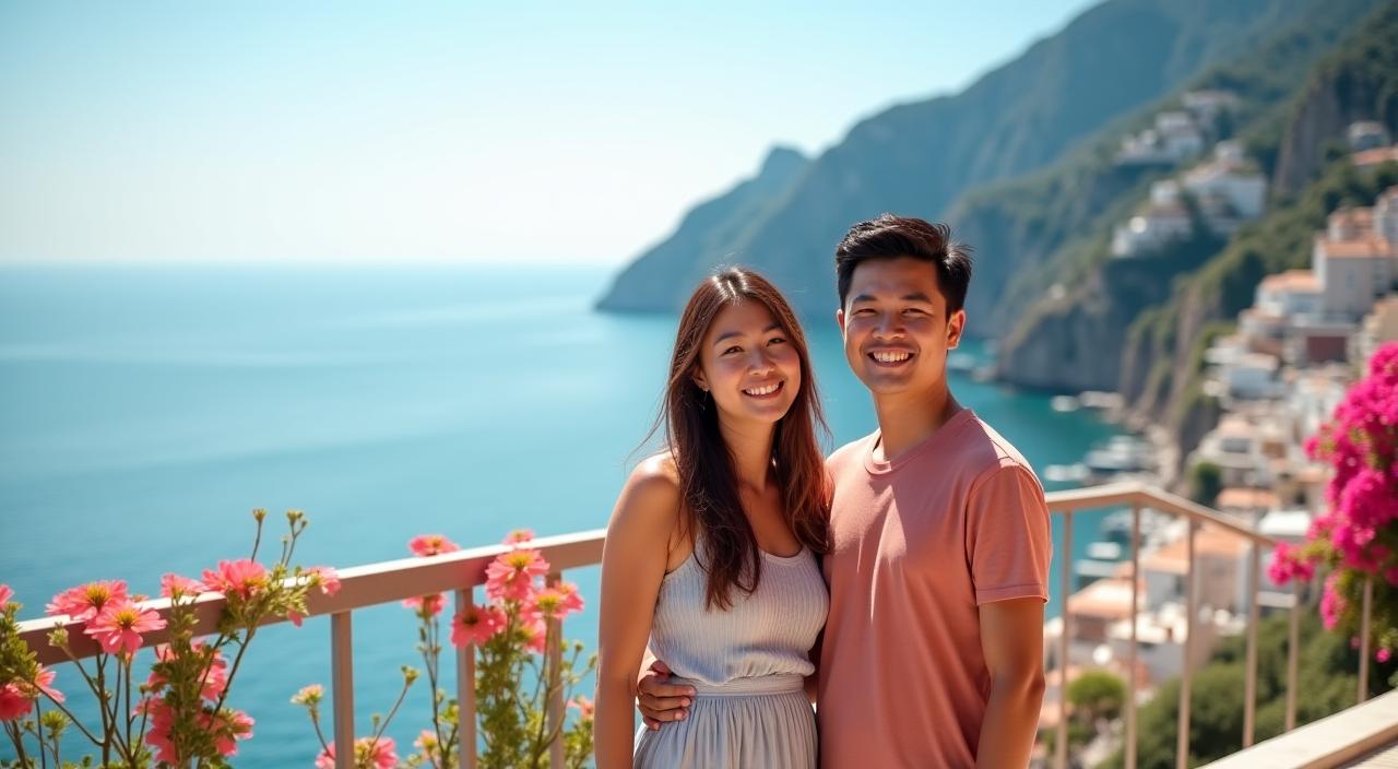 A happy couple posing on a balcony overlooking the Amalfi Coast.