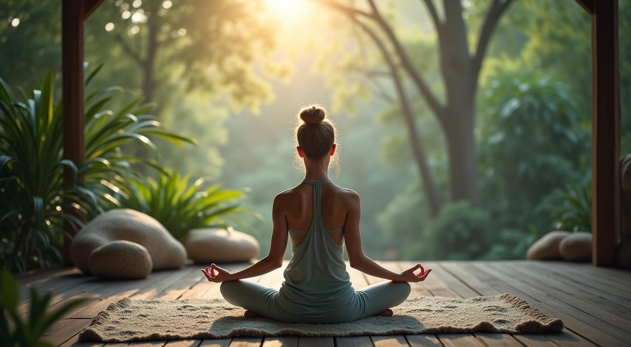 Claire Thompson meditating at a secluded retreat.