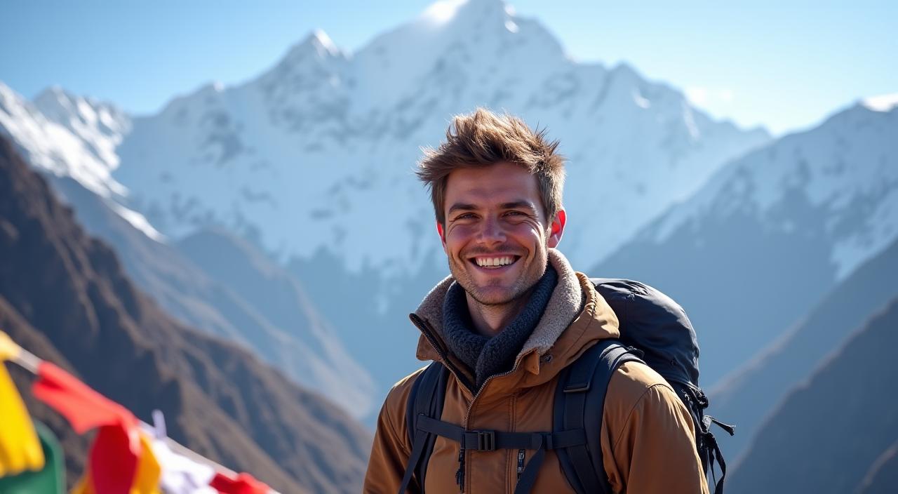 A solo traveler smiling in front of the Himalayas.